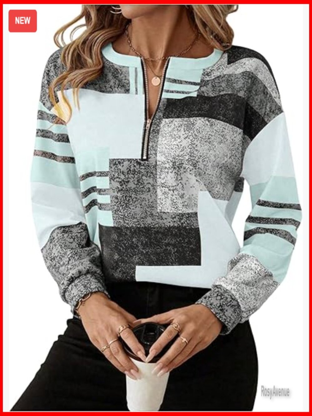 Color Block Printed Sweatshirt Half Zip Crew Neck Casual Pullover Top